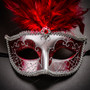 Phantom Full Face Musical Red Gold & Venetian Silver Mardi Gras Red Tall Feather Couple Masks