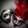 Phantom Full Face Silver Glitter & Venetian Silver Mardi Gras Red Tall Feather Couple Masks