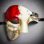 Phantom Full Face Musical Red Gold & Venetian Silver Mardi Gras White Tall Feather Couple Masks