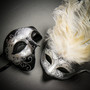 Phantom Full Face Silver Glitter & Venetian Silver Mardi Gras White Tall Feather Couple Masks