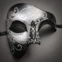 Phantom Full Face Silver Glitter & Venetian Silver Mardi Gras White Tall Feather Couple Masks
