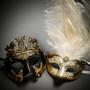 Pegasus Horses Emperor Black Gold & Venetian Gold Mardi Gras Black White Feather Couple Masks