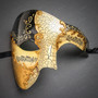 Phantom Full Face Musical Black Gold & Butterfly Lace Side Feather White Gold Couple Masks