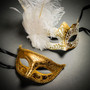 Roman Warrior Metallic Gold & Butterfly Lace Side Feather White Gold Couple Masks