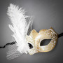 Roman Warrior Metallic Gold & Butterfly Lace Side Feather White Gold Couple Masks