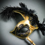 Venetian Side Feather Masquerade Mask with Stick - Gold Black (side)
