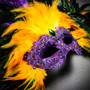 Luxury Traditional Venice Women Carnival Masquerade Venetian Mask with Extra Round Top Feather -  Purple Yellow