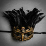 Halloween Skull Eye Mask with Black Feather - Gold Black