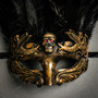 Halloween Skull Eye Mask with Black Feather -  Gold Black