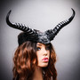 Gothic Demon Long Horn with Lace Head Piece - Black with Long Hair Model