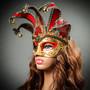 Jester Joker Venetian Musical Eye Mask with Bells - Gold Red