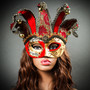 ester Joker Venetian Musical Eye Mask with Bells - Gold Red  with Model