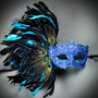 Luxury Traditional Venice Women Carnival Masquerade Venetian Mask with side Feather - Blue