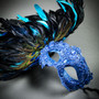 Luxury Traditional Venice Women Carnival Masquerade Venetian Mask with side Feather - Blue