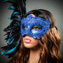 Luxury Traditional Venice Women Carnival Masquerade Venetian Mask with side Feather - Blue