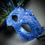 Luxury Traditional Venice Women Carnival Masquerade Venetian Mask with side Feather - Blue