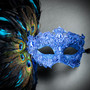 Luxury Traditional Venice Women Carnival Masquerade Venetian Mask with side Feather - Blue