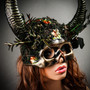 Skull Half Face Forest Theme with OX Horns Masquerade Mask - Black Gold