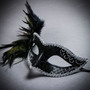 Venetian Side Feather Glitter Eyes Mask - Black Silver