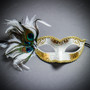 Venetian Side Feather Glitter Eyes Mask - White Gold