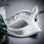 Venetian Side Feather Glitter Eyes Mask - White Silver