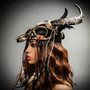 Antelope Devil Horns Animal Skull Ghost Masquerade Mask - Black Gold with female model