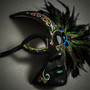 Venetian Glitter Half Moon Party Mask with Peacock Feather - Black Green