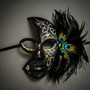 Exquisite Venetian Glitter Mask with Peacock Feather - Black Silver