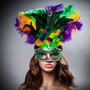 Venetian Glitter Crystal Mardi Gras Mask with Peacock Large Feather - Green Yellow