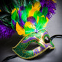 Venetian Glitter Crystal Mardi Gras Mask with Peacock Large Feather - Green Yellow