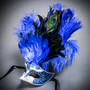 Venetian Glitter Crystal Mardi Gras Mask with Peacock Large Feather - Silver Blue
