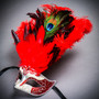 Venetian Glitter Crystal Mardi Gras Mask with Peacock Large Feather - Silver Red