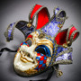 Full Face Venetian Mardi Gras Jester Joker Laugh Mask - Red Blue