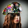 Steampunk Burning Man Captain Hat with Rhinestone & Gold Chain - Rainbow