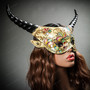 Krampus Black Horn Crackle Animal Devil Party Mask - White Gold