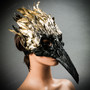 Raven Skull Bird Nose with Gold Feather Masquerade Mask - Black