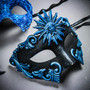 Blue Roman Greek Emperor & Side Peacock Feather Lace Couple Masquerade Masks