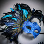 Blue Roman Greek Emperor & Side Peacock Feather Lace Couple Masquerade Masks