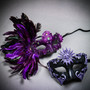 Purple Roman Greek Emperor & Side Feather Lace Couple Masquerade Masks