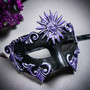 Purple Roman Greek Emperor & Side Feather Lace Couple Masquerade Masks