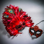 Red Roman Greek Emperor & Top Large Feather Lace Couple Masquerade Masks