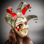 Medieval Jester Musical Joker Venetian Masquerade Mask with Gold Lip and Bells - Red Black