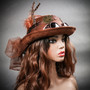 Steampunk Victorian Bowler Flower Laces Top Hat - Brown