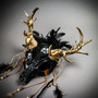 Antelope Devil Gold Deer Horn Skull Ghost Feather Masquerade Mask - Black