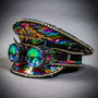 Steampunk Burning Man Captain Hat with Rhinestone Jewelry - Rainbow