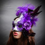 Venetian Side Feather Glitter Costume Prom Mask - Silver Purple
