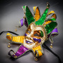 Mardi Gras Luxury Jester White Joker Venetian Masquerade Mask - Purple Yellow Green