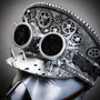 Metallic Silver Steampunk Captain Cap w/ Silver Party Gas mask & Spike Goggles