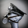 Metallic Silver Steampunk Captain Cap w/ Silver Party Gas mask & Spike Goggles