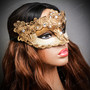 Venetian Masquerade White Crackle Lace Women Eye Mask - Gold (right)